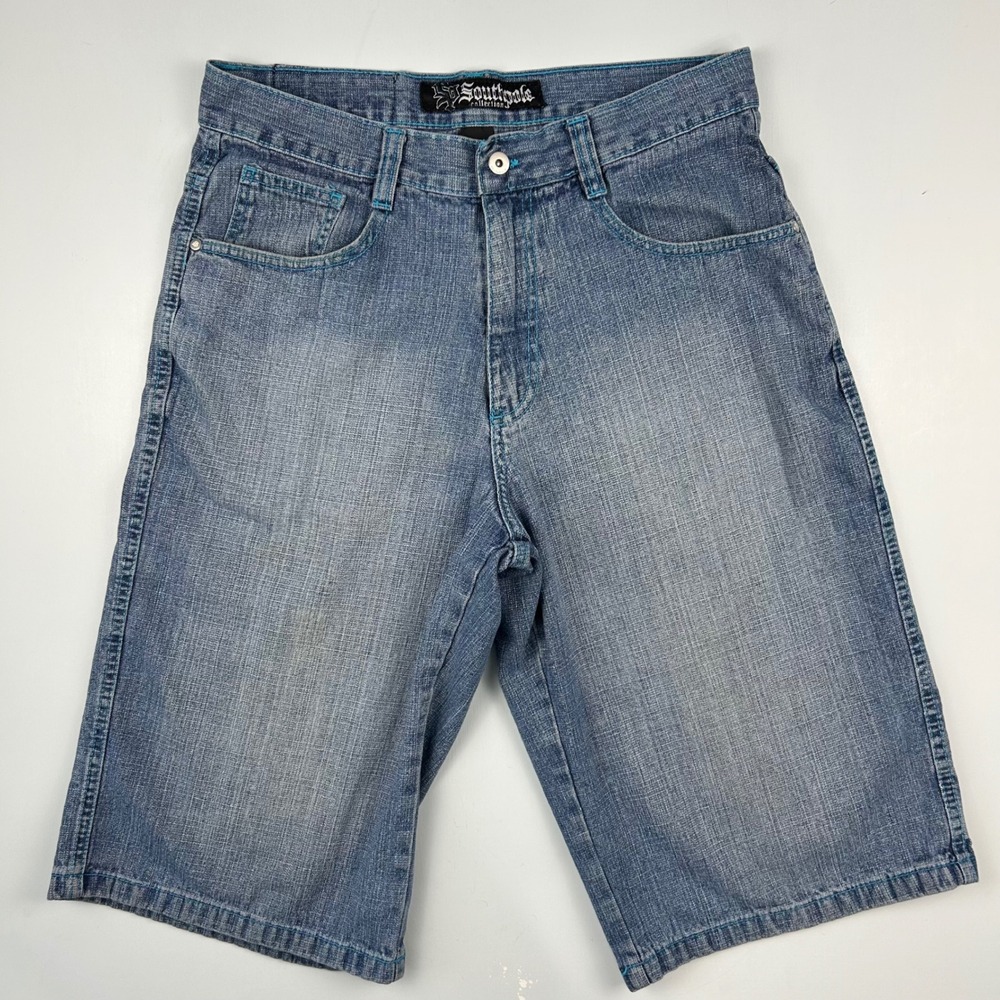 Southpole Collection Mens Blue Denim Shorts Size 34 Y2K Baggy Turquoise Stitch